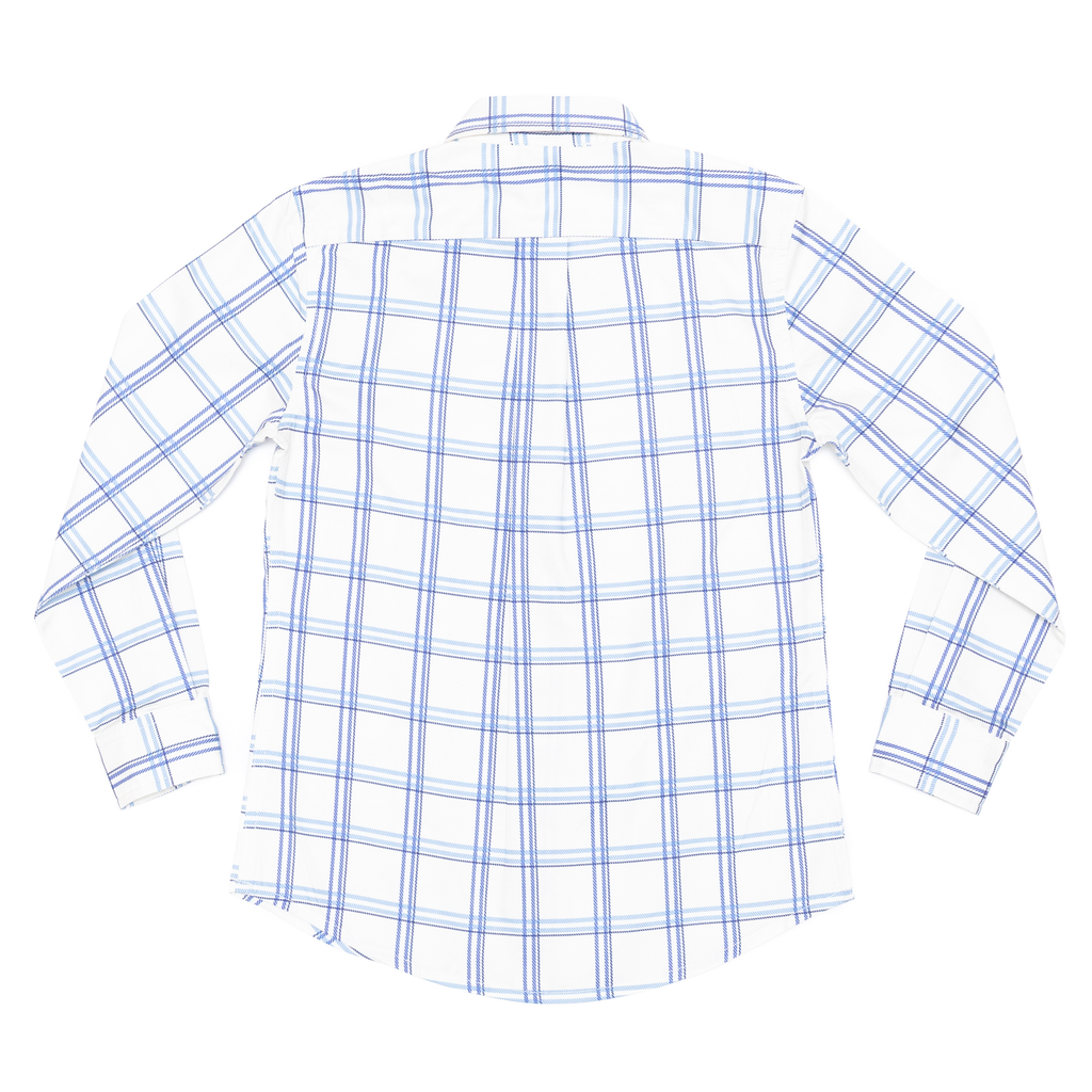 Henry Duvall Bennett Button Down in Prescott Plaid, classic boys fall dress shirt in crisp ivory and blue check, perfect for pairing with velvet trousers and coordinating sibling styles