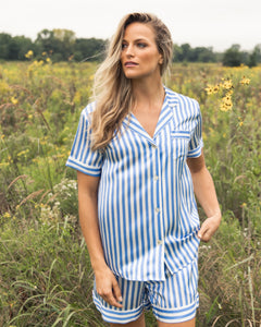 Women's Silk Pajama Short Set in Azure Stripe