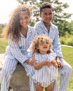 Baby's Twill Ruffled Romper in Periwinkle Stripe