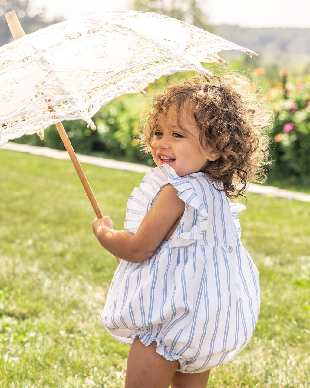 Baby’s Twill Ruffled Romper in Periwinkle Stripe
