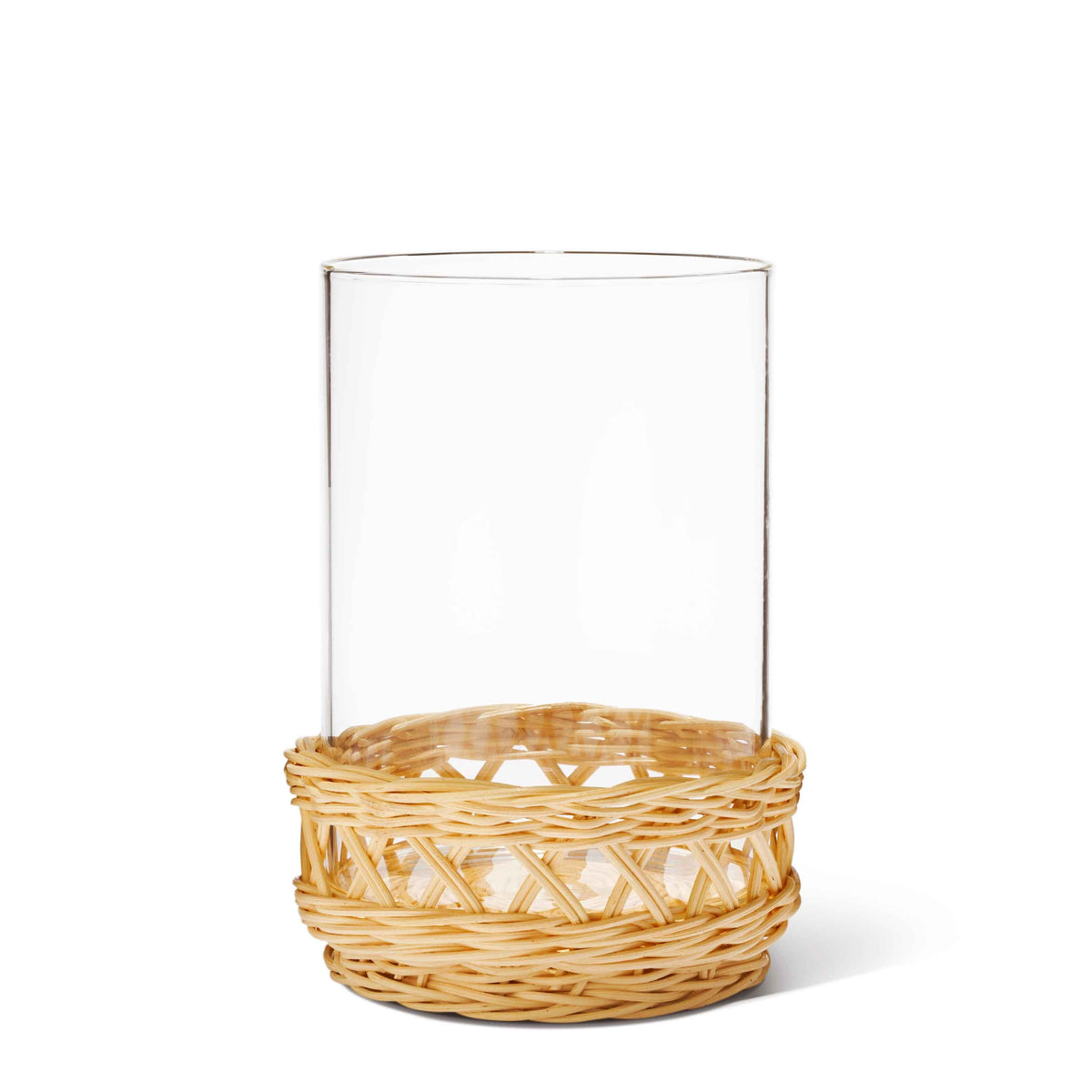 Front view of Navona Mini Rattan Hurricane in Natural showcasing its glass cylinder and woven rattan base on a white background