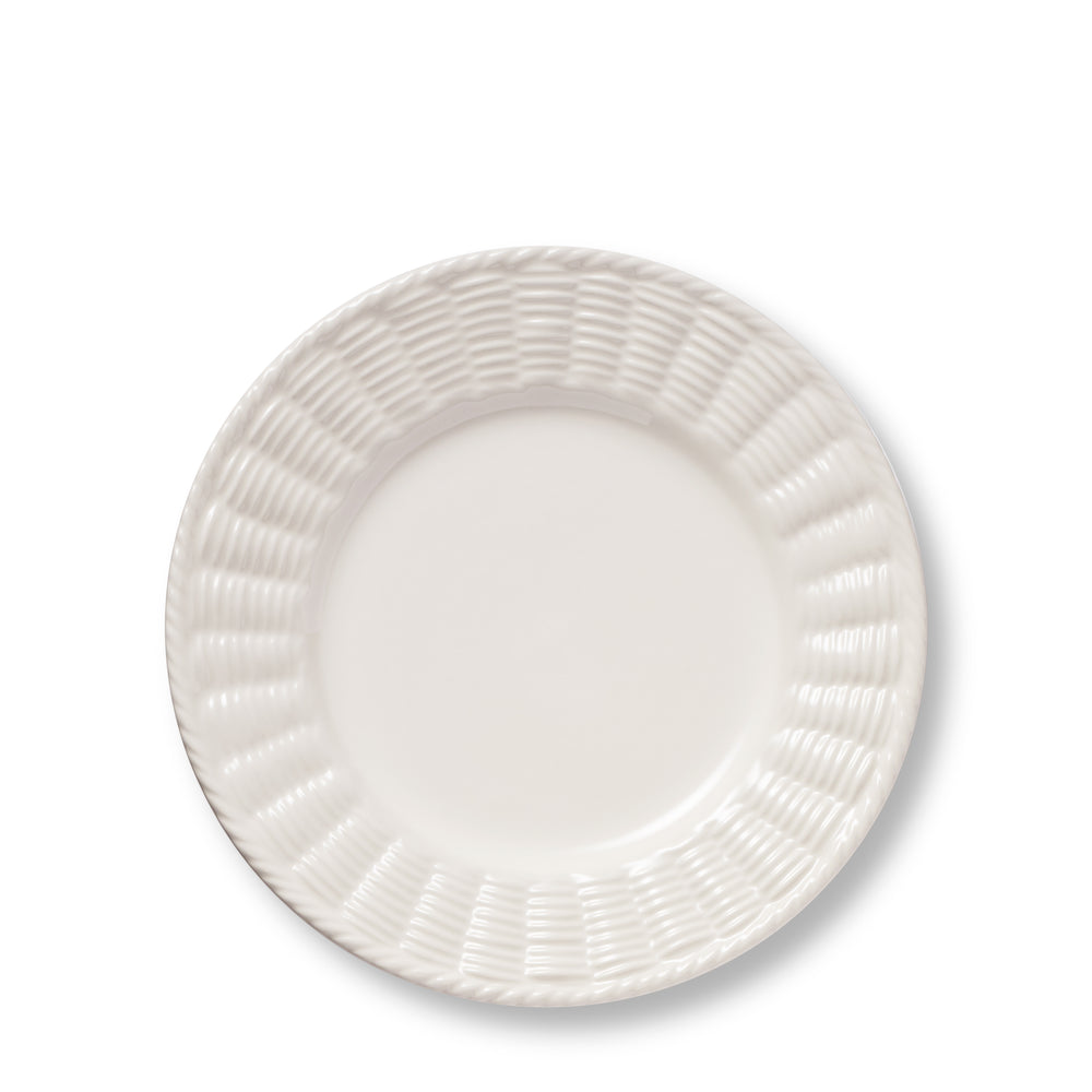 Top view of Leta Salad Plate showcasing white ceramic and rattan basketry inspired textured trim on a white background