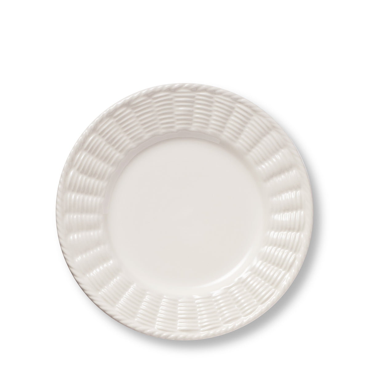 Top view of Leta Salad Plate showcasing white ceramic and rattan basketry inspired textured trim on a white background