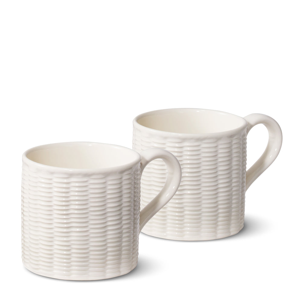 Front view of Leta Weave Mug set of 2 showcasing artisanal rattan-inspired textured trim on a white background