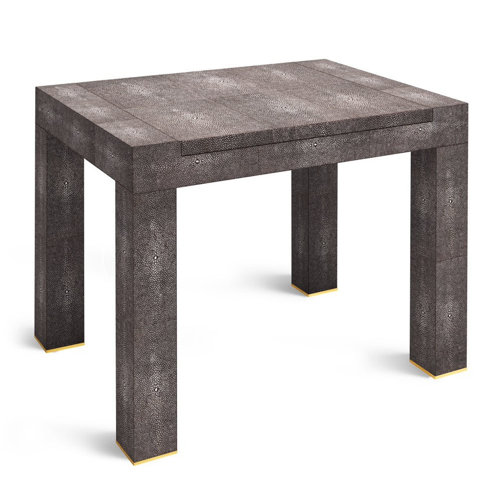 Angled view of Shagreen Chess Side Table in chocolate showcasing embossed shagreen finish and brass-trimmed legs on white background