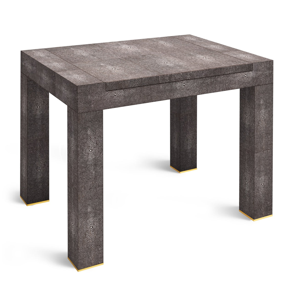 Angled view of Shagreen Chess Side Table in chocolate showcasing embossed shagreen finish and brass-trimmed legs on white background