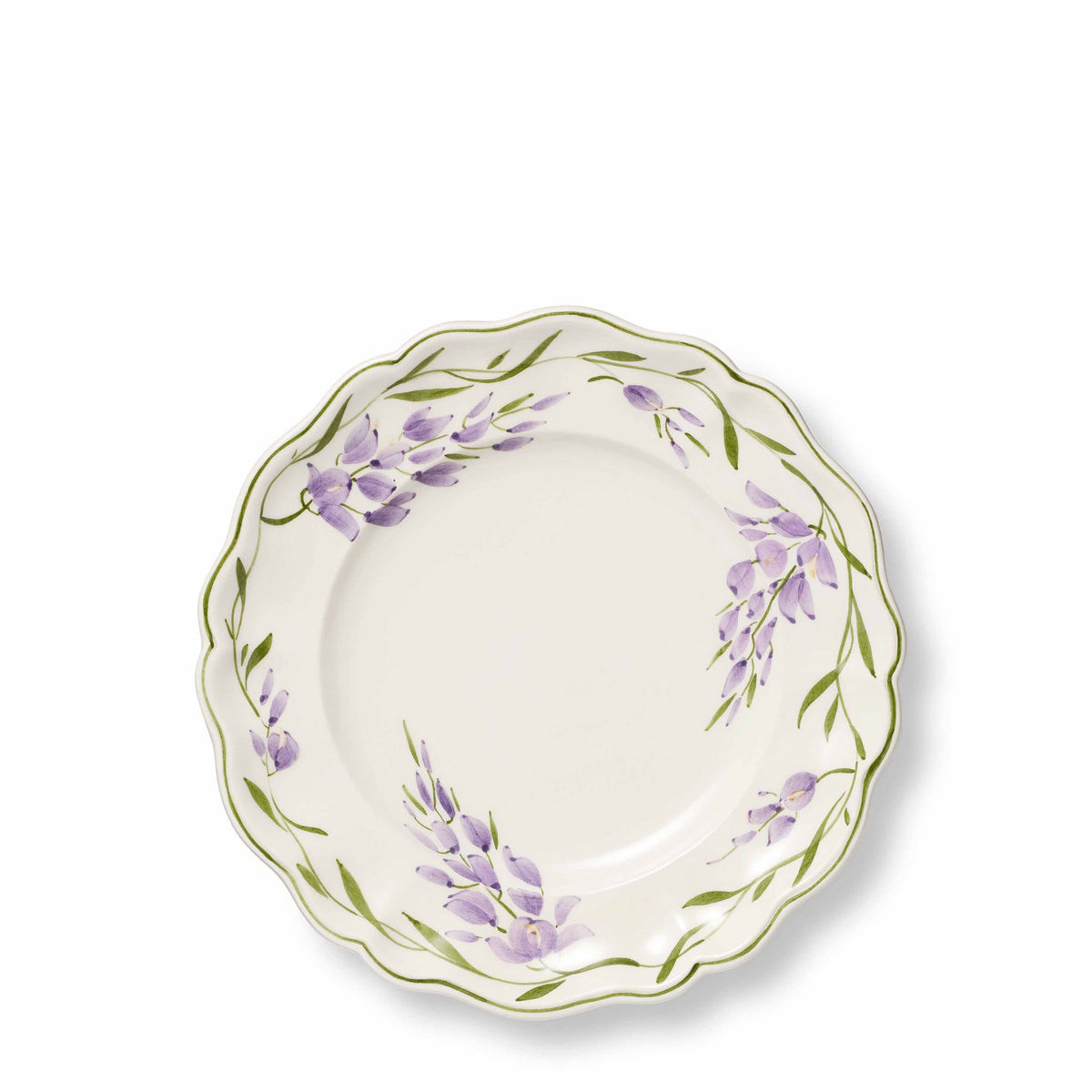 Top view of Wisteria Salad Plate showcasing handpainted wisteria flowers and scalloped edge with white background