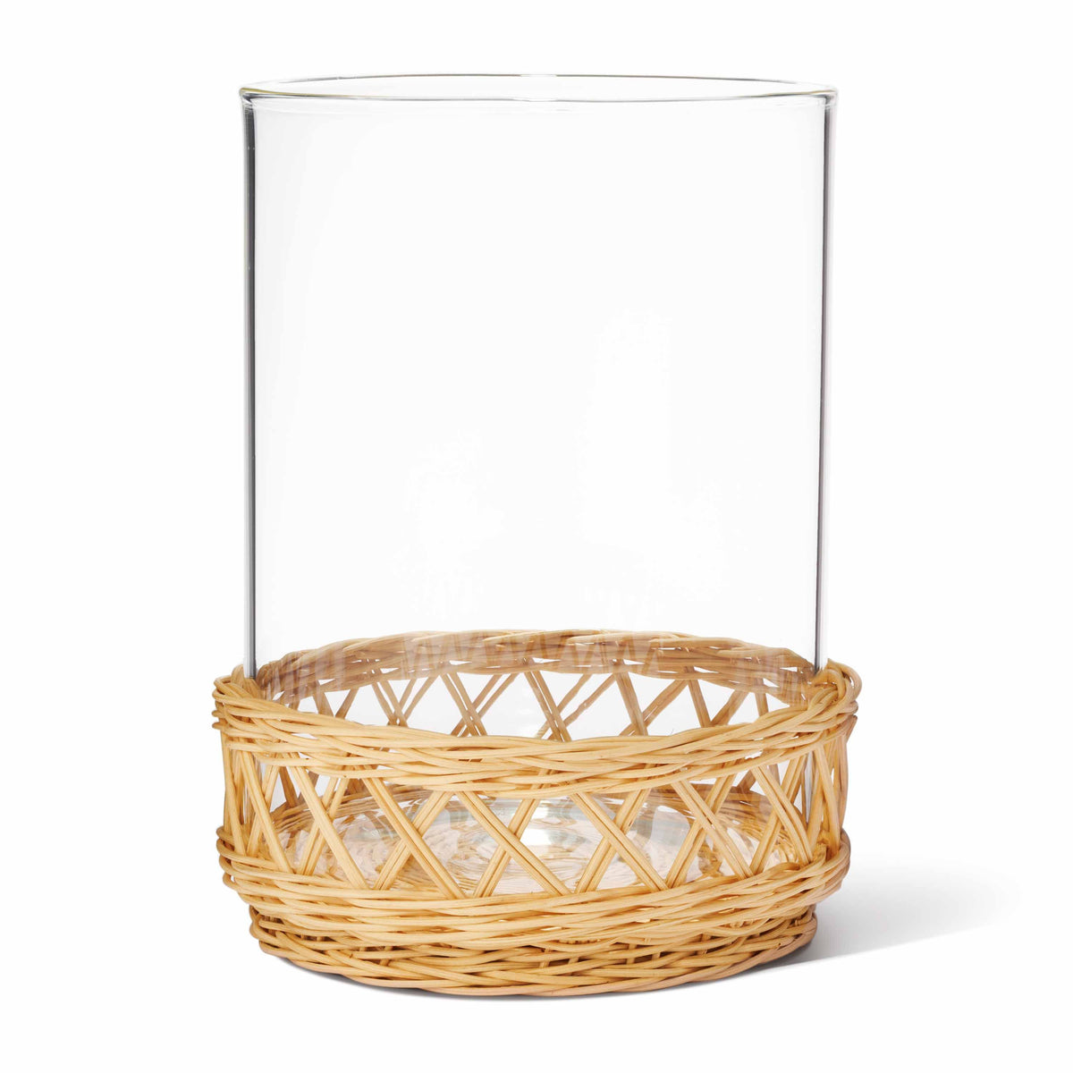 Front view of Navona Small Rattan Hurricane showcasing a clear glass cylinder in a natural woven rattan base