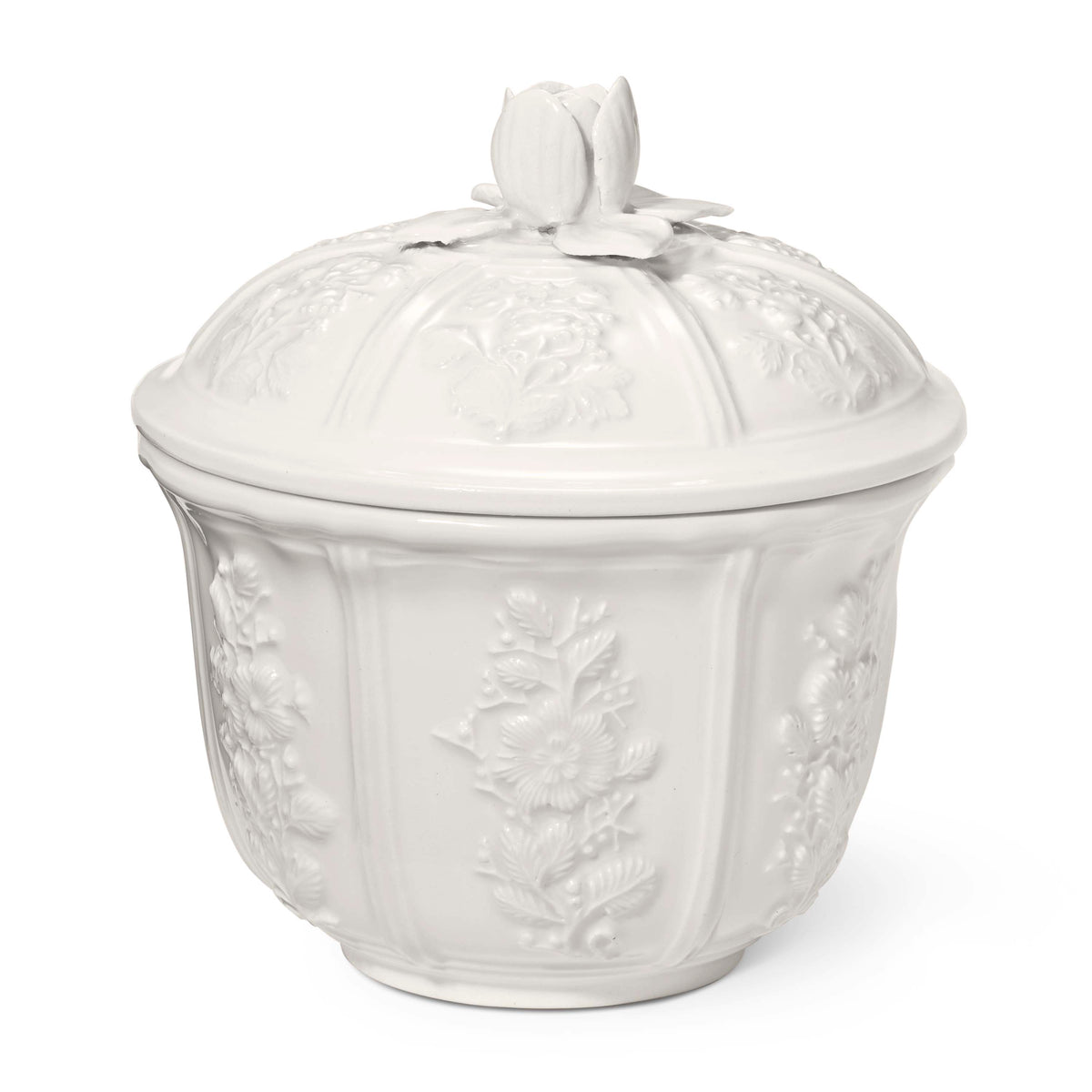 Front view of Josepha small earthenware canister showcasing raised floral relief and rose topped lid on white background