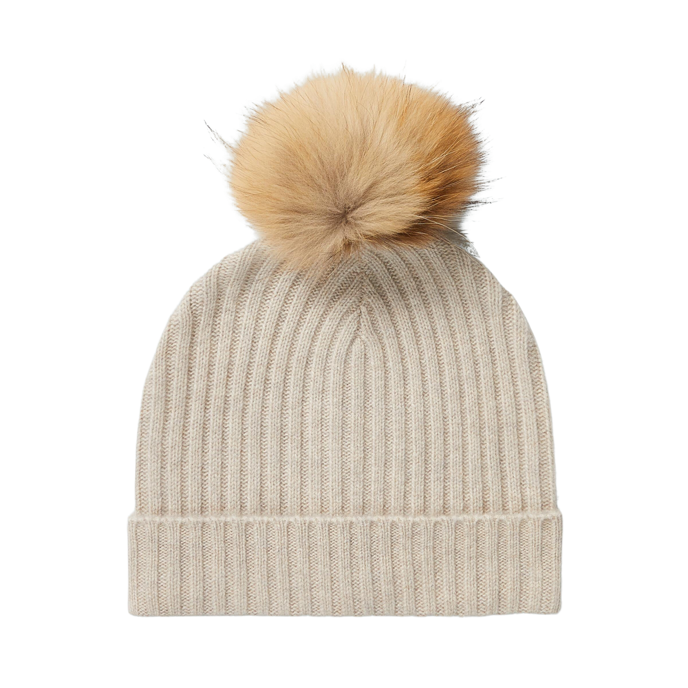 Basic Beige Striped Cashmere Pom Beanie