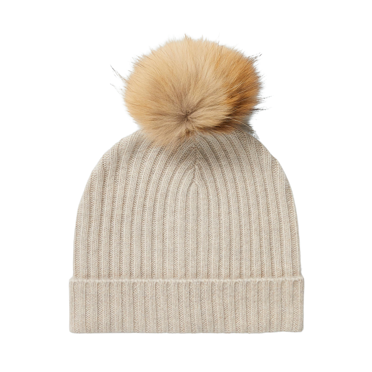 Front view of Basic Beige Striped Cashmere Pom Beanie showcasing ribbed knit and contrast pom with black background