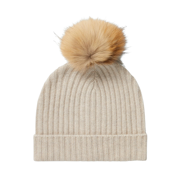 Basic Beige Striped Cashmere Pom Beanie | Over The Moon