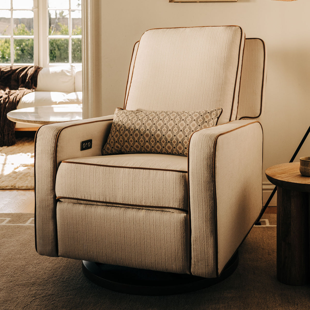 Sigi Electronic Recliner and Glider with USB Port by Nate Berkus in Performance Cream Linen with Toffee Base