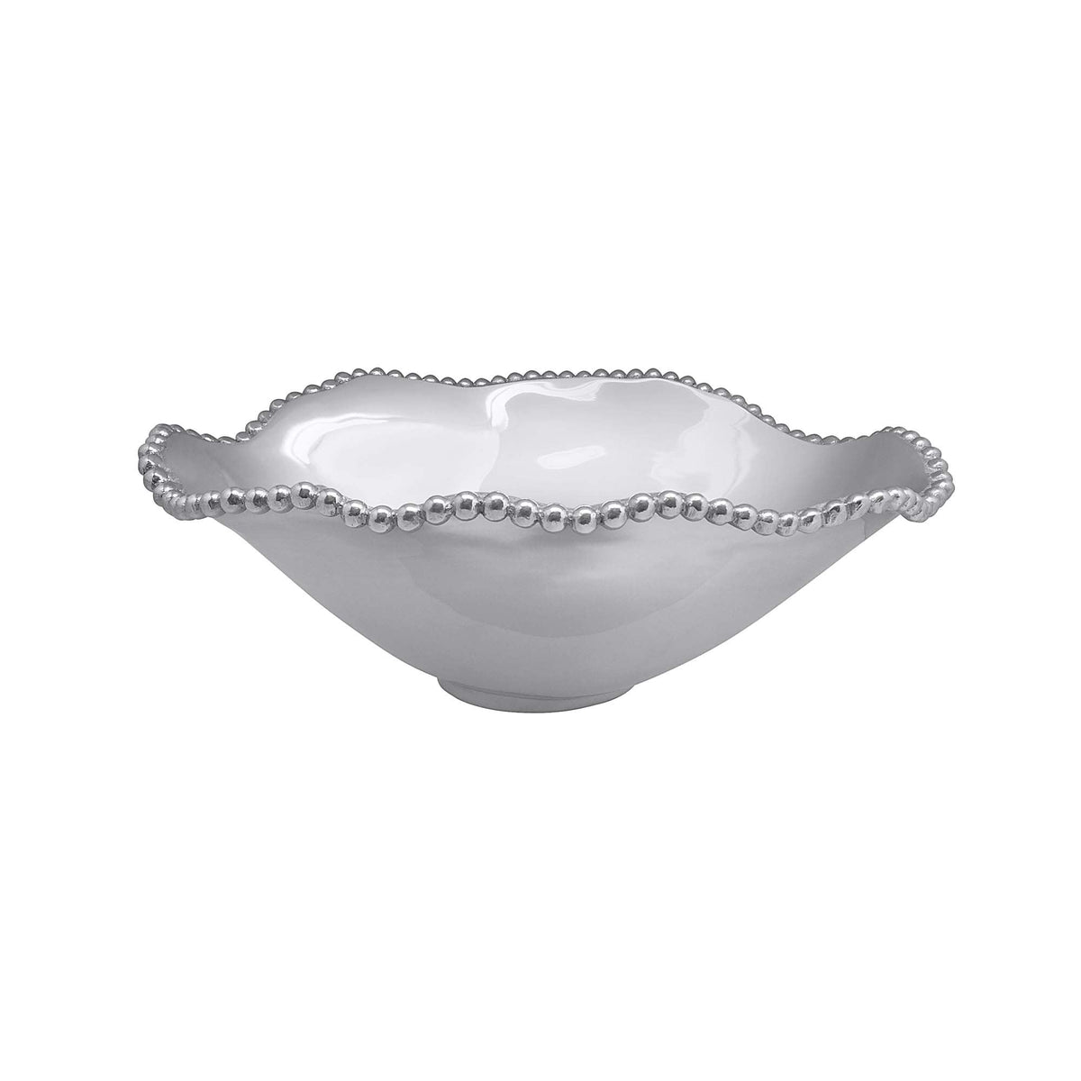 Front view of Pearled Oval Wavy Serving Bowl showcasing beaded rim and wavy edge with white background