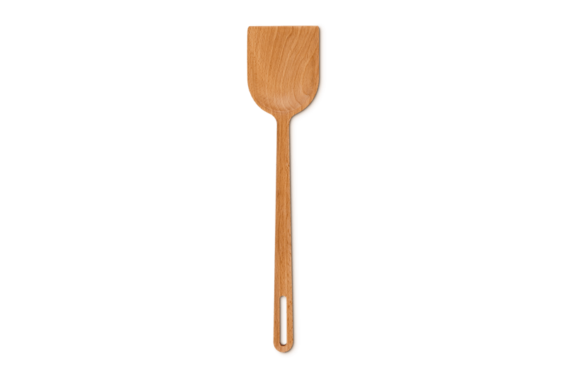 Top view of Signature Wood Scraper Spoon showcasing angled scraper edge and cutout handle in beech wood on white background