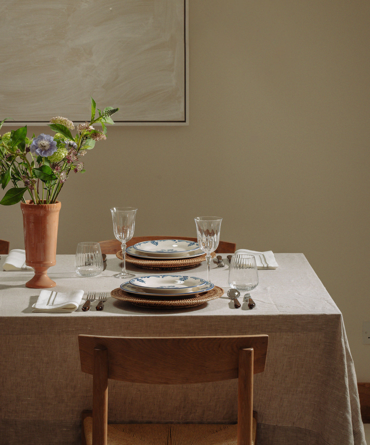 Rebecca Udall Classic Hemstitch Linen Tablecloth with Daphne Wine Glasses