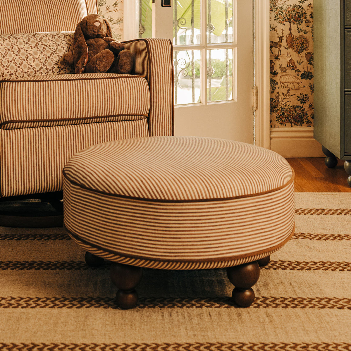 Astre Ottoman by Nate Berkus in Performance Bronze Stripe Eco-Crossweave with Toffee feet