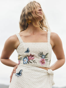 Camila Top in Cream Crochet/Multicolor Floral Embroidery