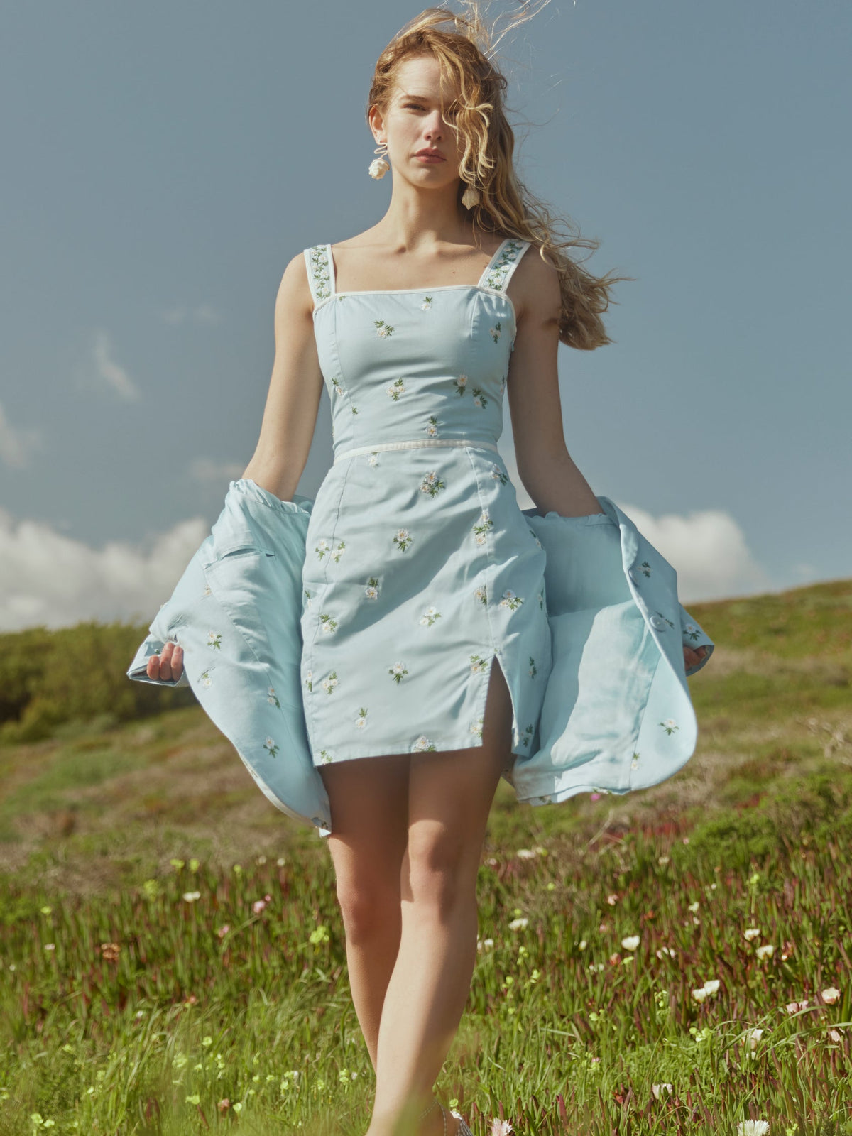 Avery Dress in Clear Sky/Ivory Ditsy Floral Embroidery