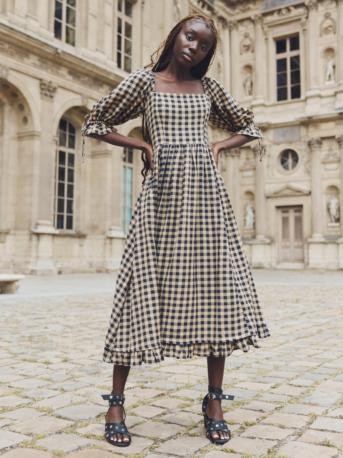 Grace Midi Dress in Black Tan Check