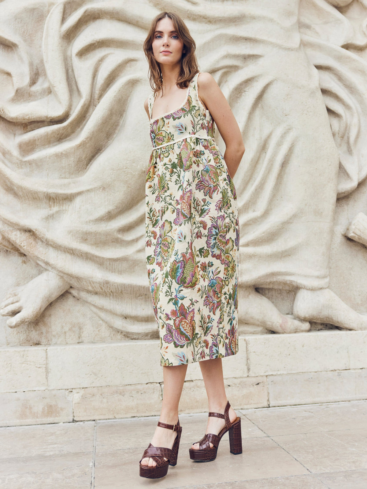 Emily Midi Dress in Rainbow Floral Jacquard