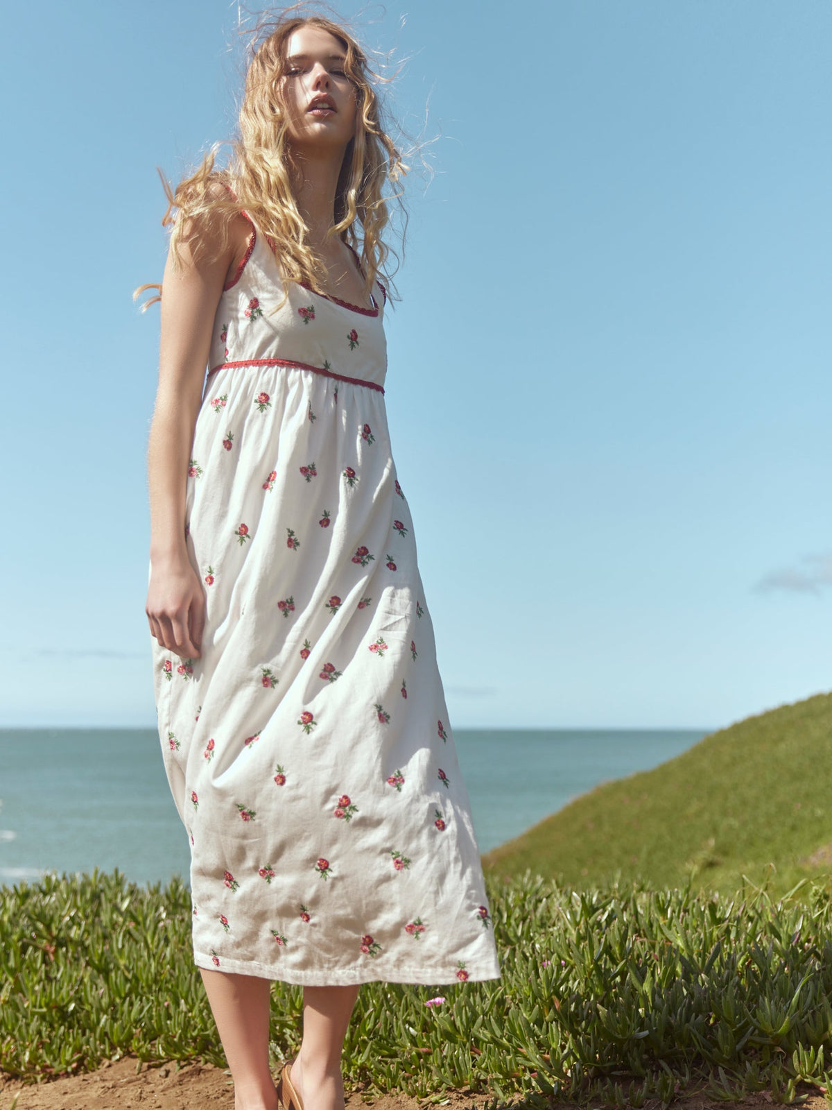 Emily Embroidered Midi Dress in Sugar/Salsa Ditsy Floral Embroidery