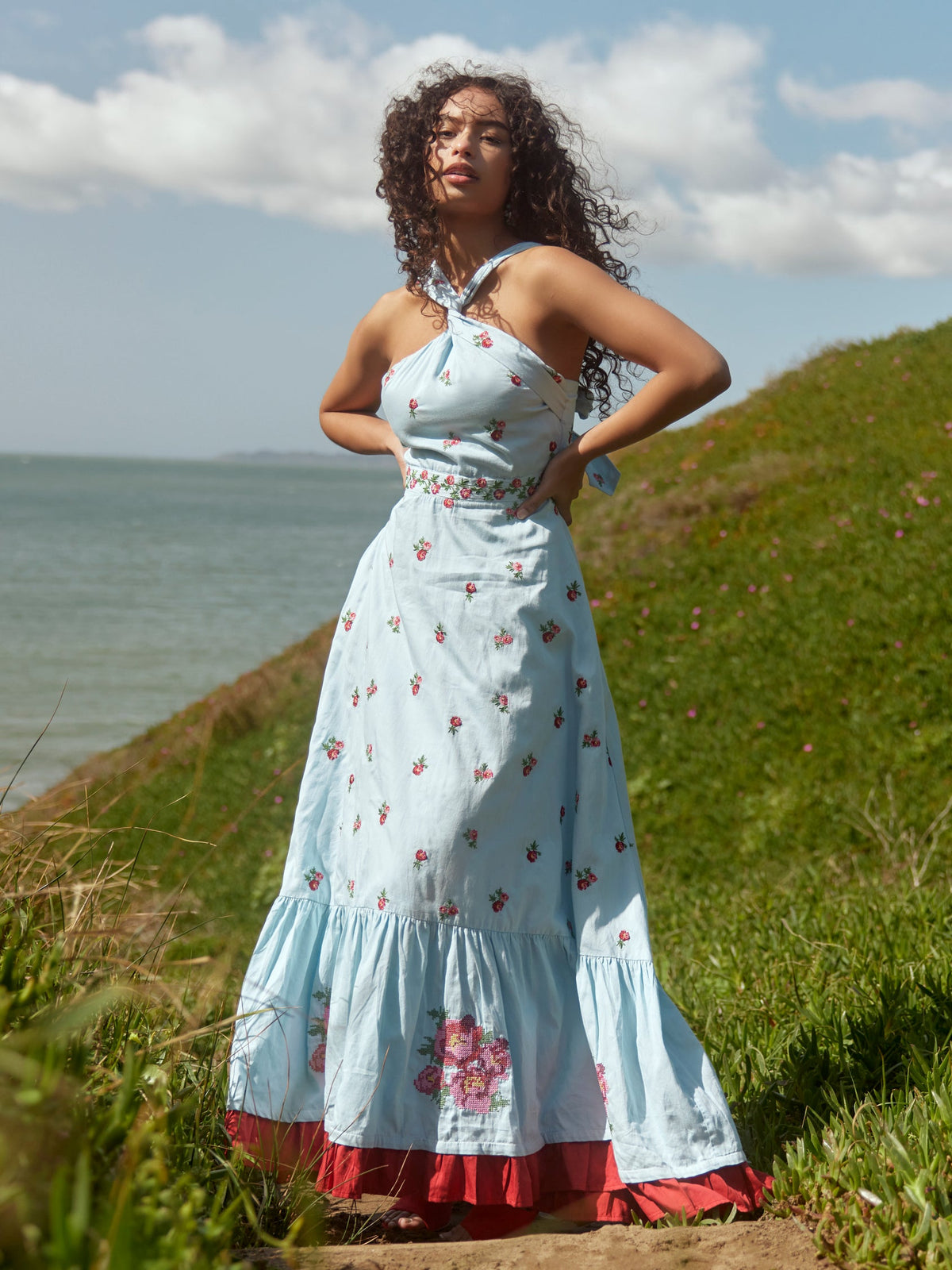 Isabel Dress in Clear Sky/Salsa Ditsy Floral/Salsa Floral Embroidery