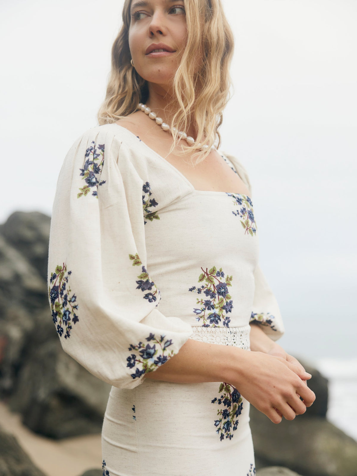 Maysie Puff Sleeve Top in Oatmeal Bluesy Beaded Floral