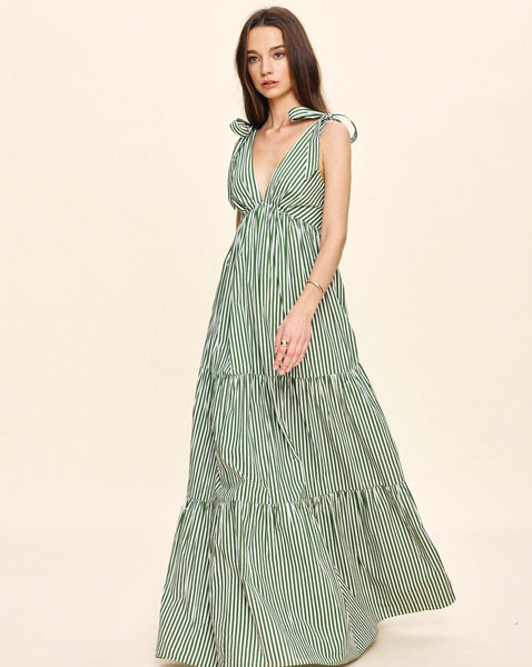 slim fit dress slacks Metallic Stripe Linen Three Quarter Sleeve Maxi Shirt Dress - Green/White