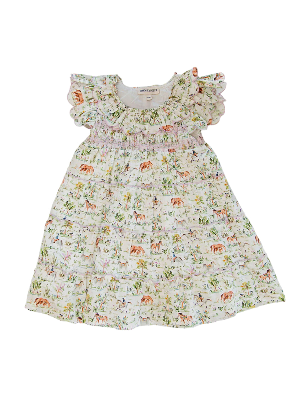 Front flat lay of The Mimi Dress in Hunter Pace print showcasing ruffled sleeves, smocked bodice, and tiered skirt on white background