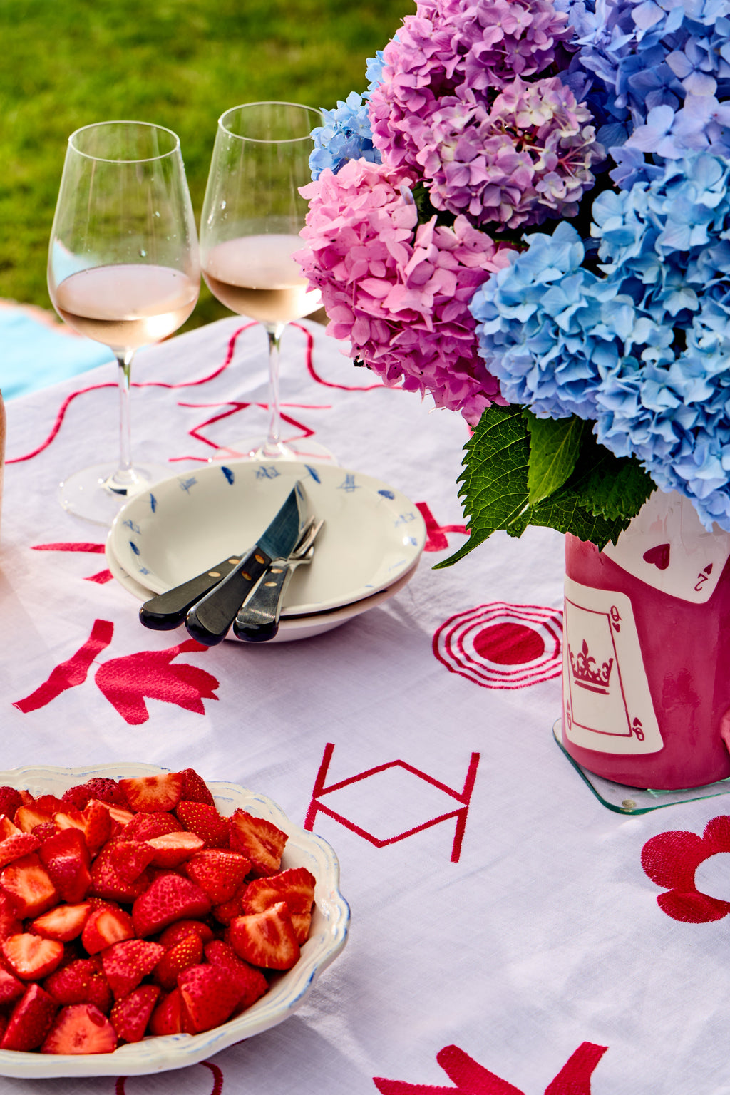 Close up of linen tablecloth with Mahjong design embroidered