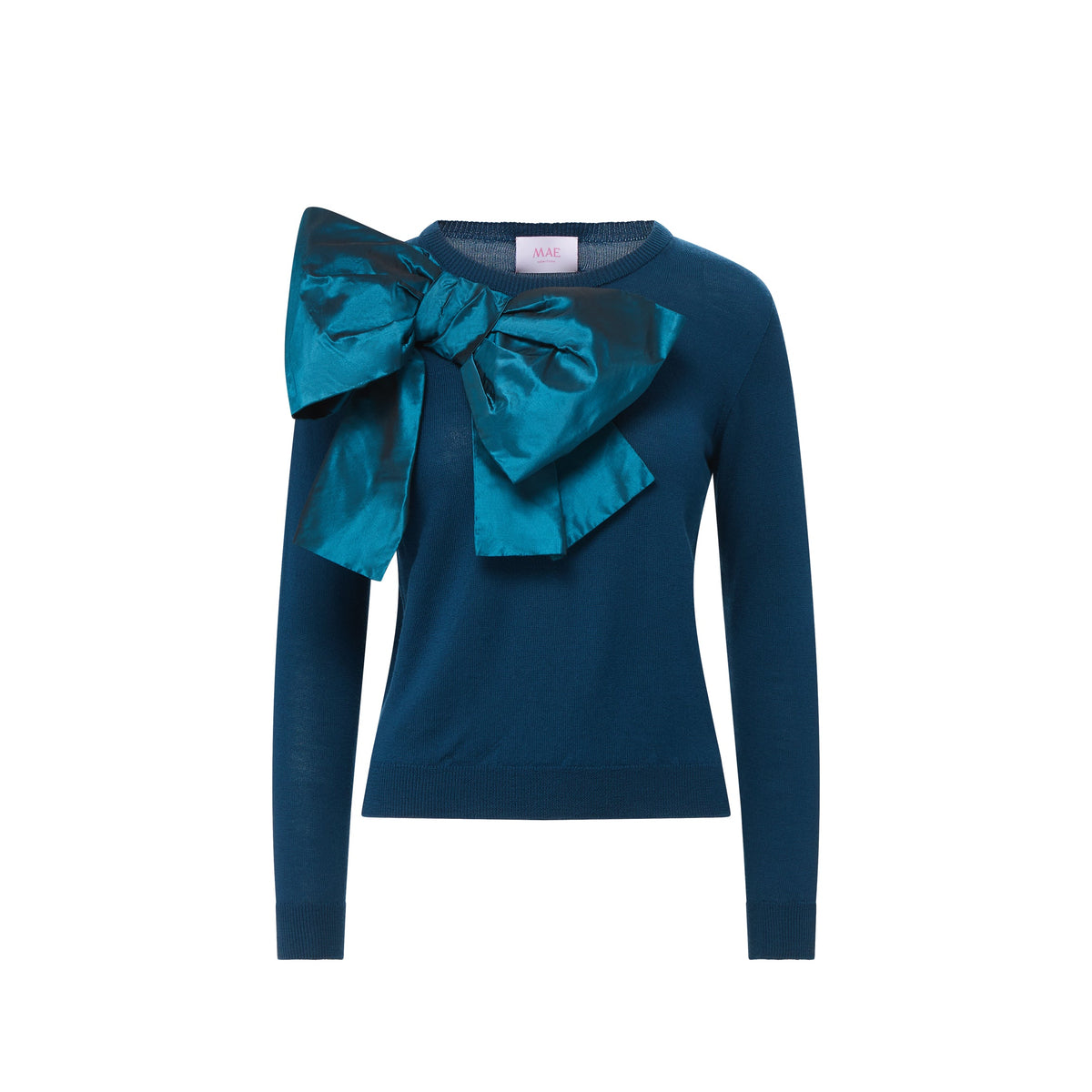 Front view of Patricia Sweater in Peacock showcasing a large bow neckline with a white background