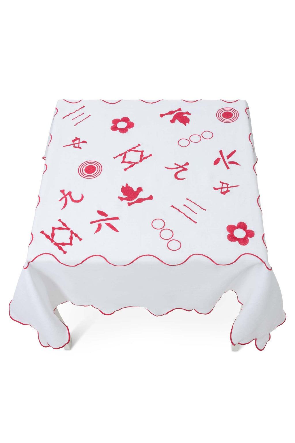 Pink & white 100% linen embroidered tablecloth that is Mahjong themed, scalloped edges - close up