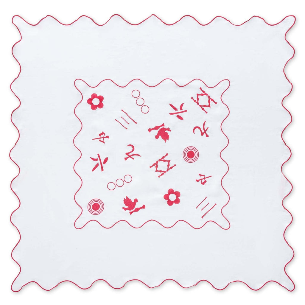 Pink & white 100% linen embroidered tablecloth that is Mahjong themed, scalloped edges