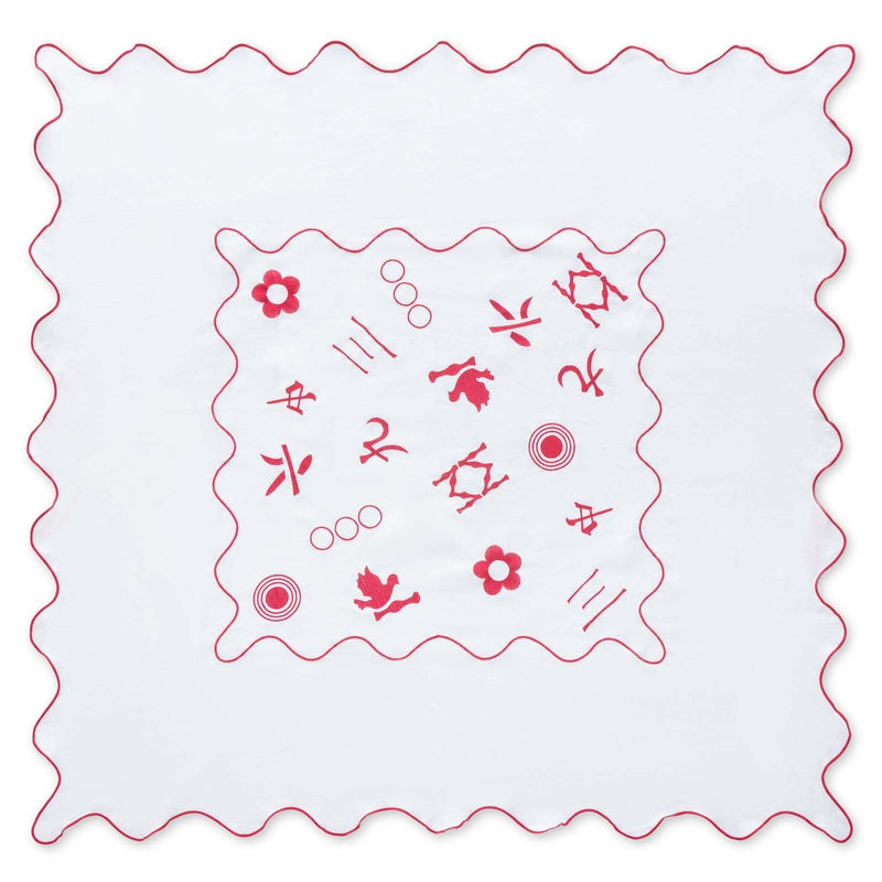 Pink & white 100% linen embroidered tablecloth that is Mahjong themed, scalloped edges