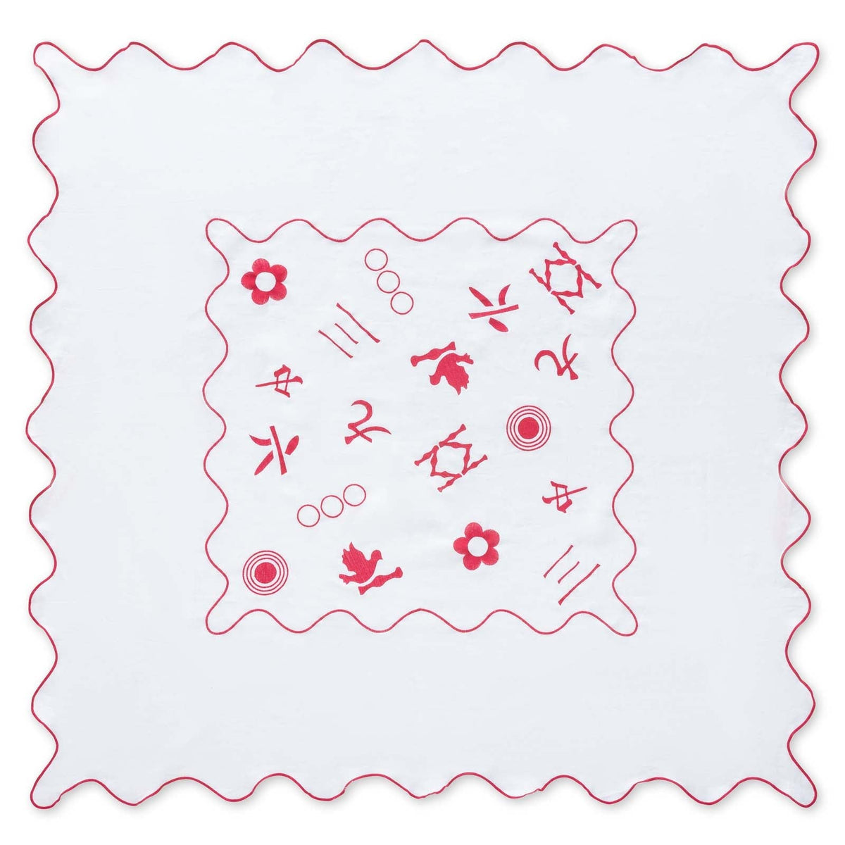 Pink & white 100% linen embroidered tablecloth that is Mahjong themed, scalloped edges