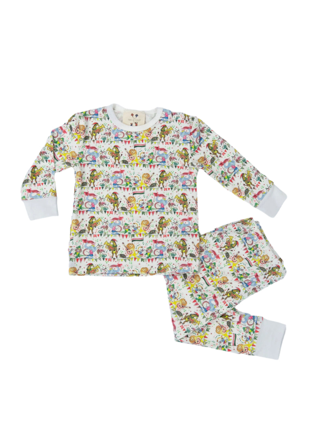 Front view of The Two Piece Pajama Set in Musical Jubilee showcasing its colorful whimsical print on a white background
