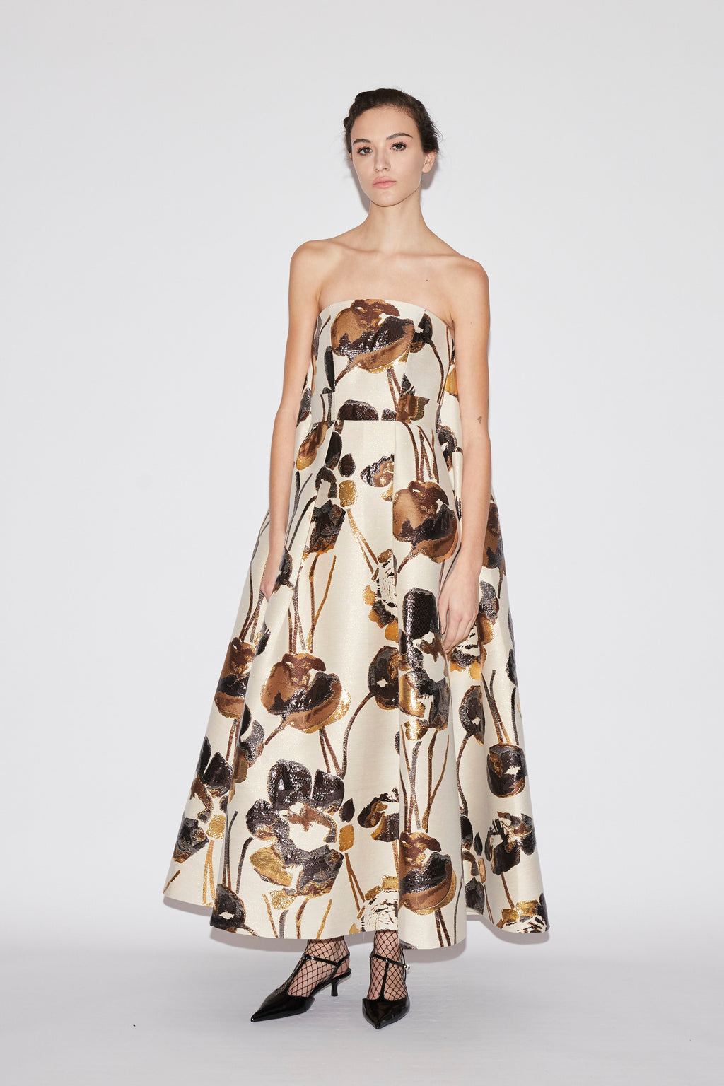 Cheryl Midi Dress Ivory Gold Jacquard