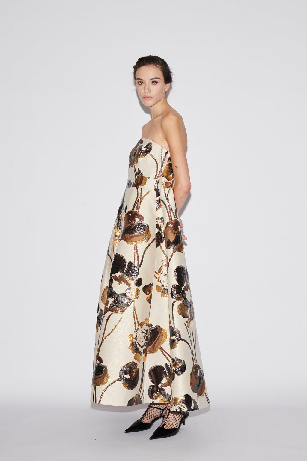 Cheryl Midi Dress Ivory Gold Jacquard