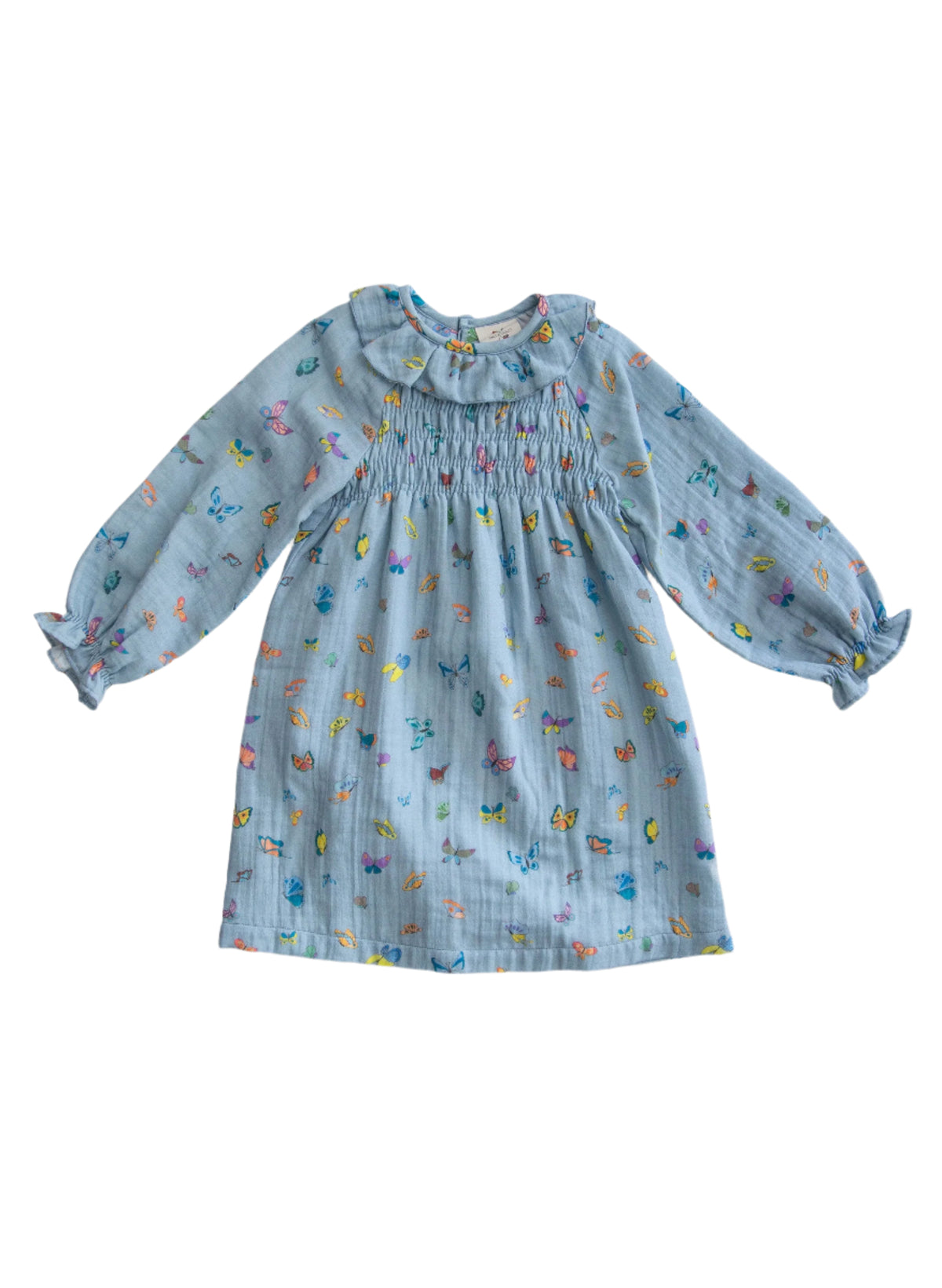 Front view of The Gigi Dress in Blue Madame Butterfly showcasing its smocked bodice and butterfly print on a white background
