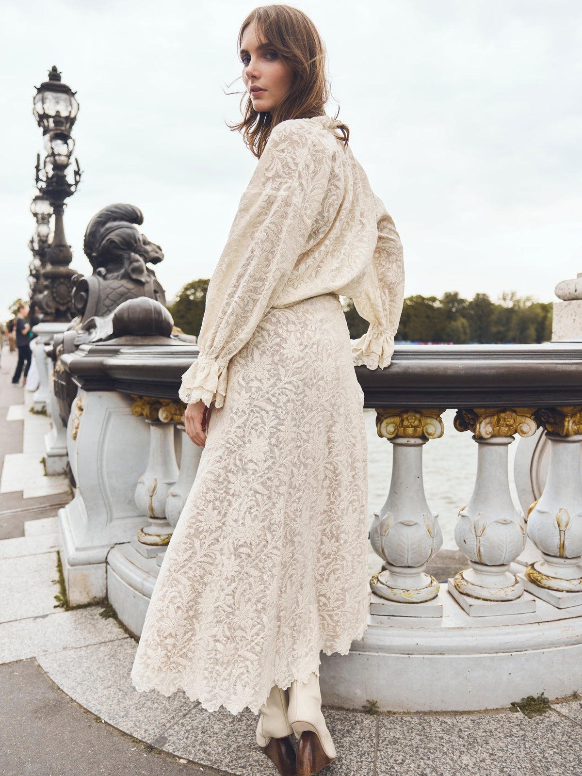 Carly Midi Skirt in Ivory Crochet Lace