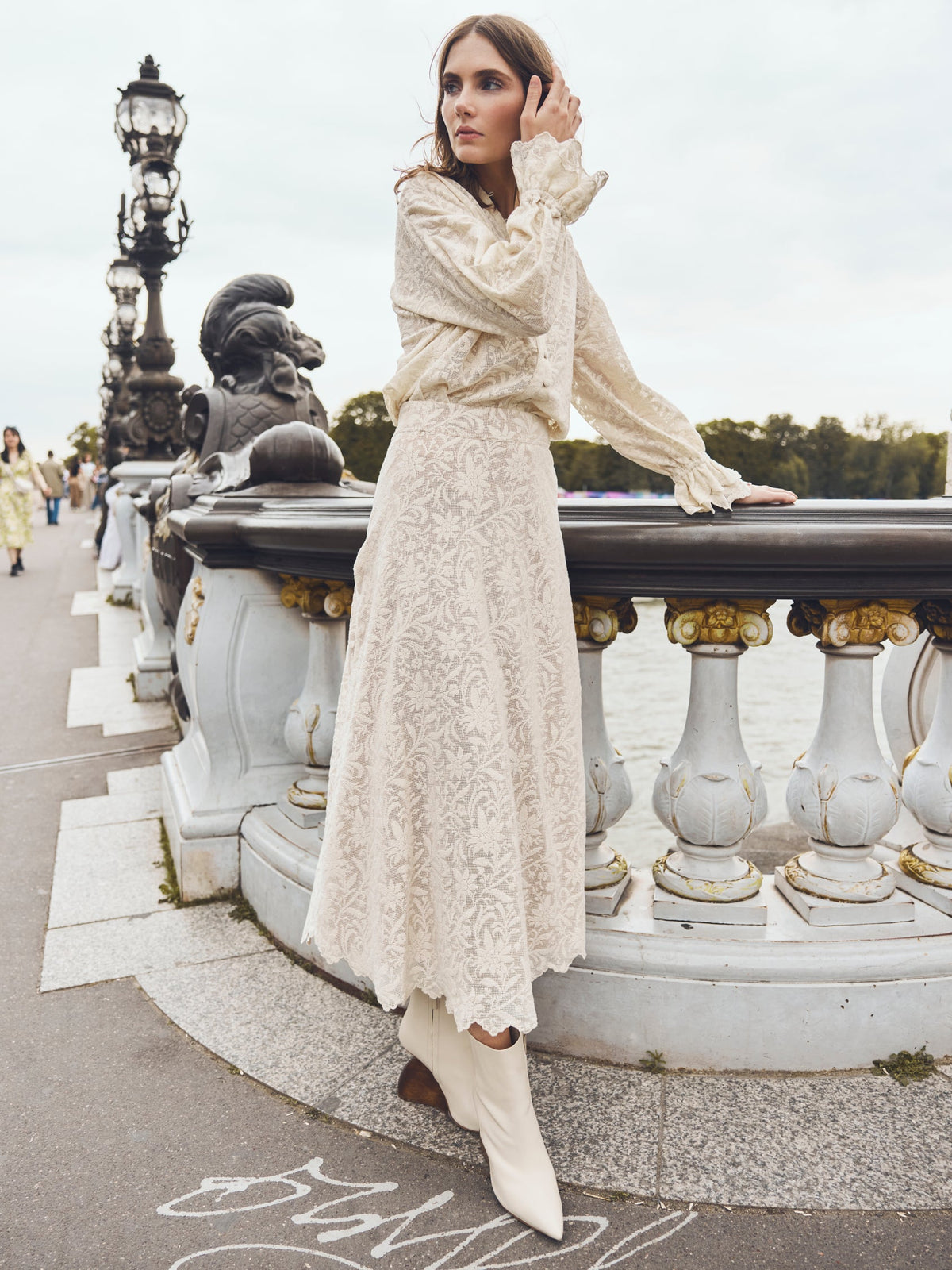 Carly Midi Skirt in Ivory Crochet Lace