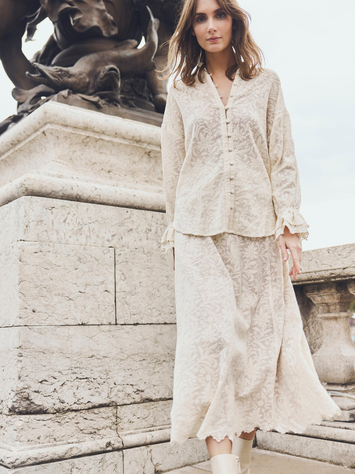 Carly Midi Skirt in Ivory Crochet Lace