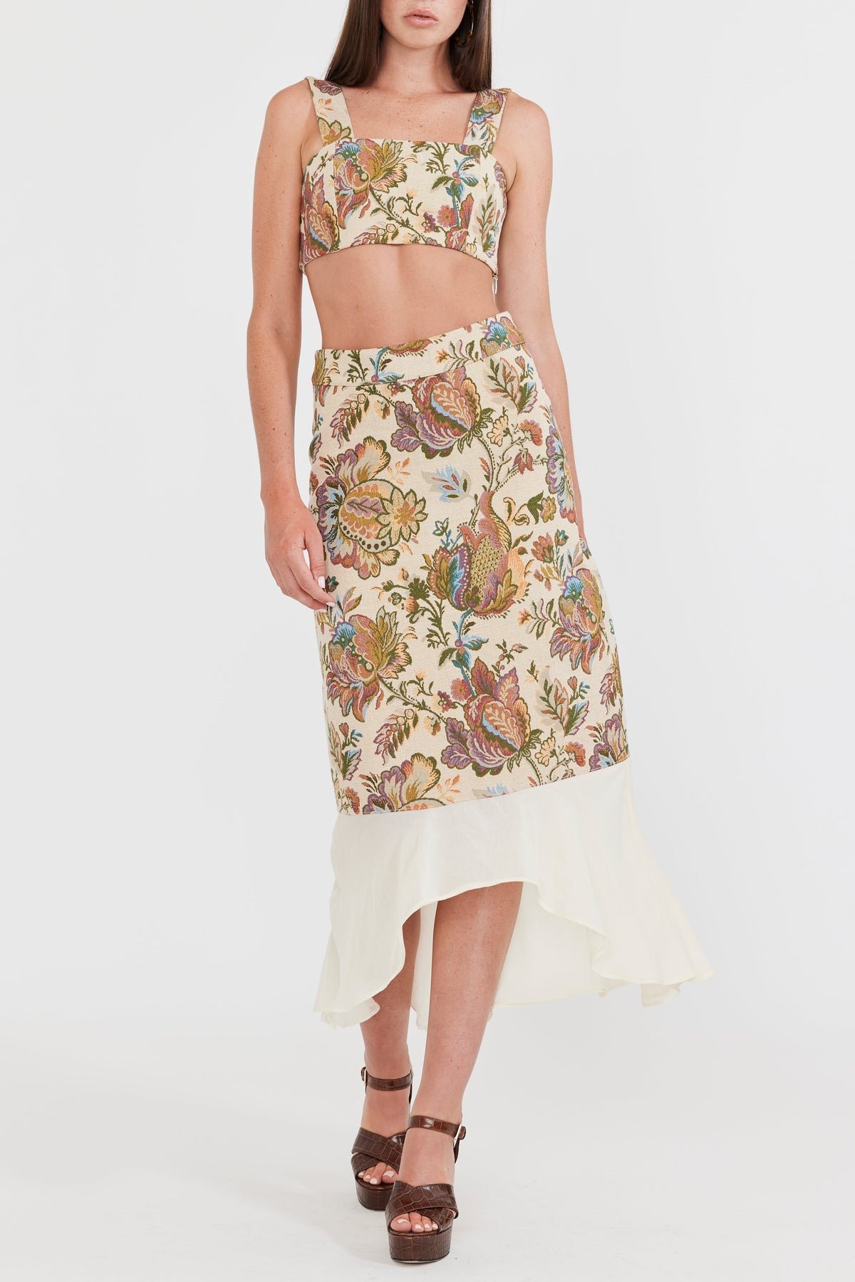 Moon Midi Skirt in Rainbow Floral Jacquard