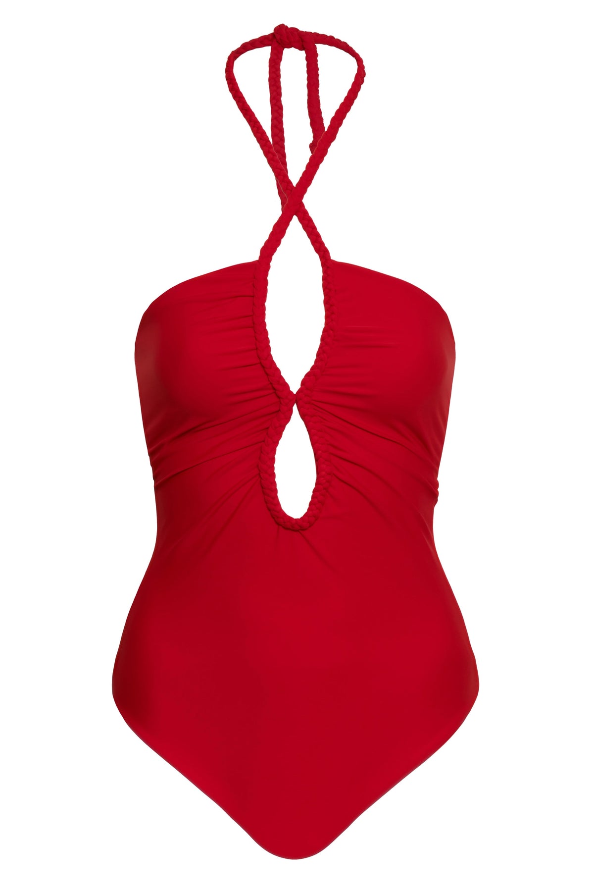 Front view of Saint Tropez one-piece swimsuit in red with braided halter straps, ruched sides and teardrop cutout