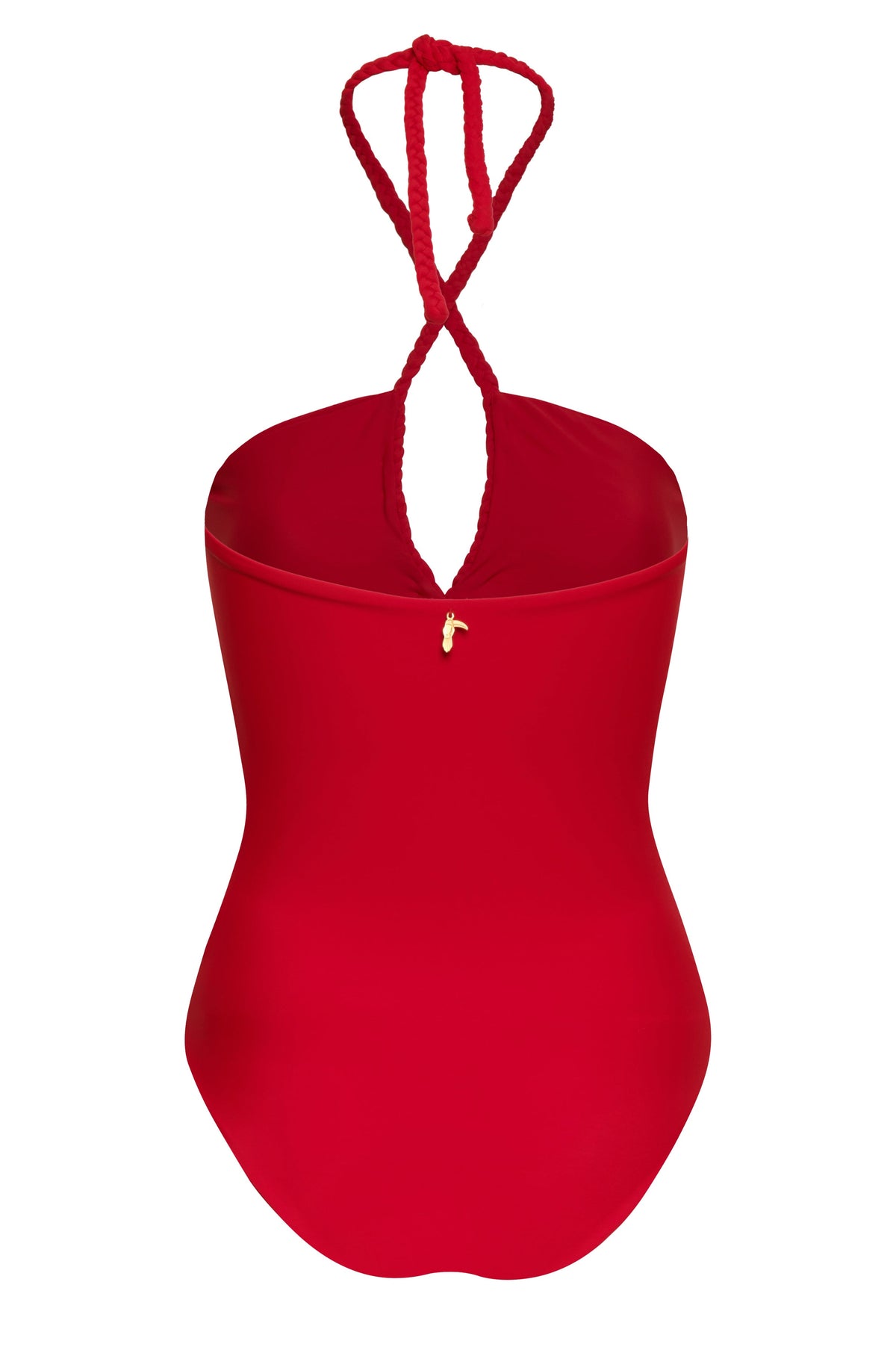 Close-up front view of Saint Tropez One Piece in Red showcasing braided halter tie and teardrop cutout against a white background