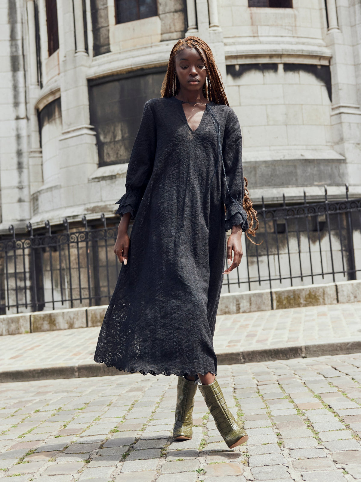 Penny Midi Dress in Black Crochet Lace