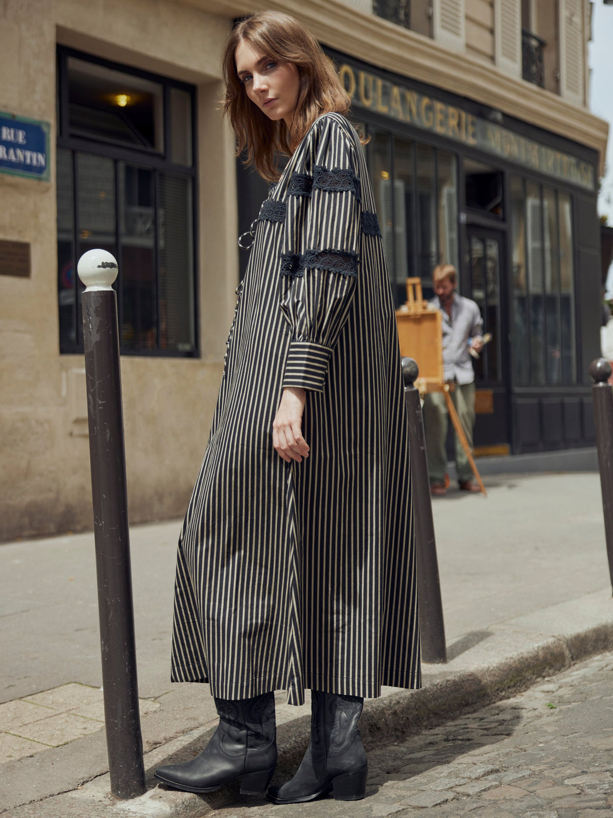 Tara Maxi Dress in Black Khaki Stripe