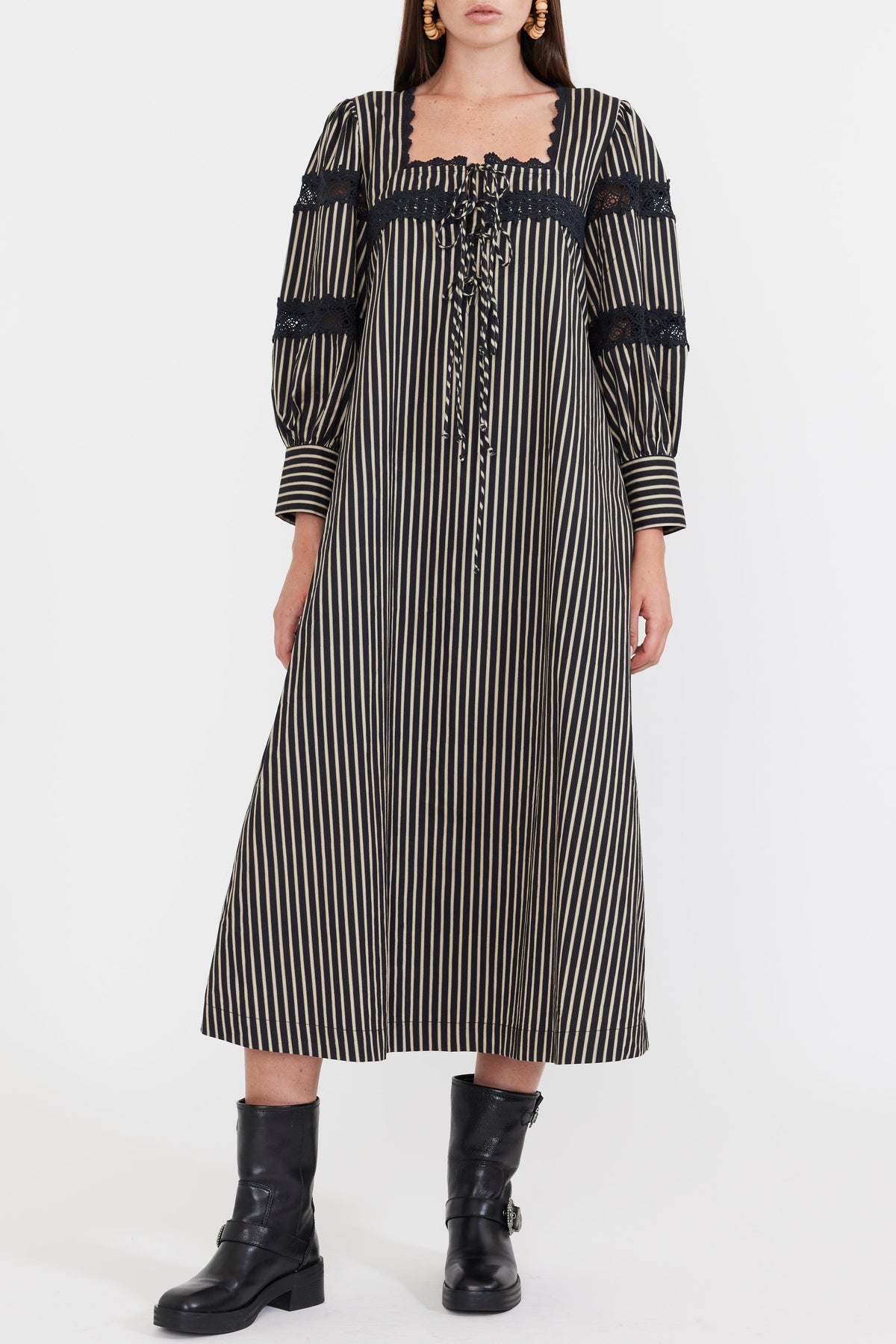 Tara Maxi Dress in Black Khaki Stripe