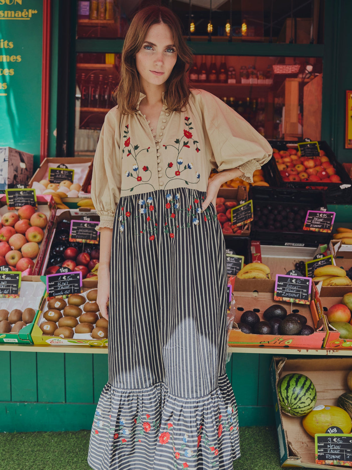 Eliza Embroidered Maxi Dress in Black & Khaki Stripe